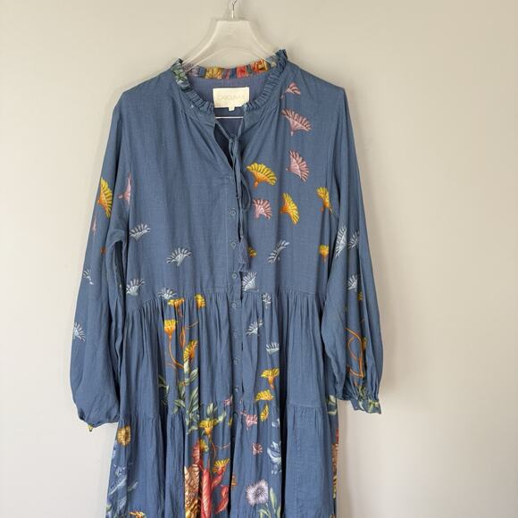 Carolina K Maxi Dress Blue Floral Prints Button Front Size S Long Puff Sleeves - Picture 5 of 11